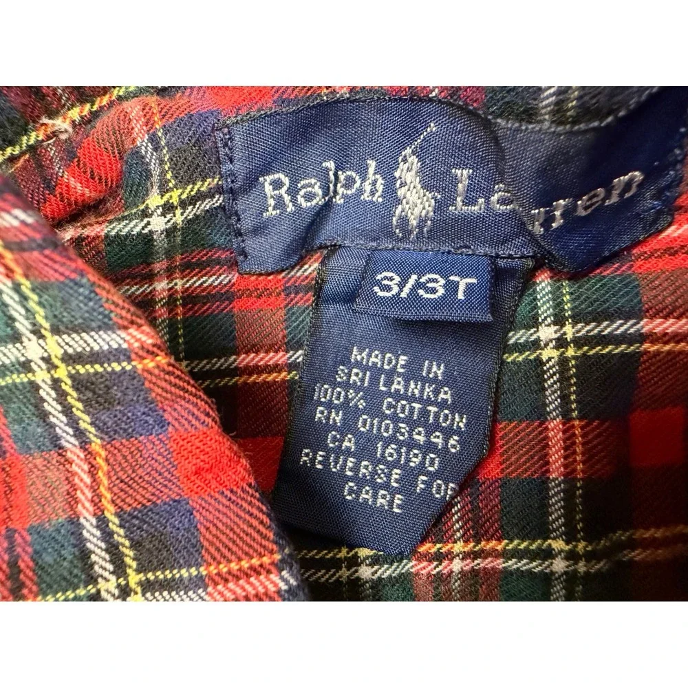 Ralph‎ Lauren Kids Red Green Tartan Plaid Button Down Shirt 3/3T Cotton